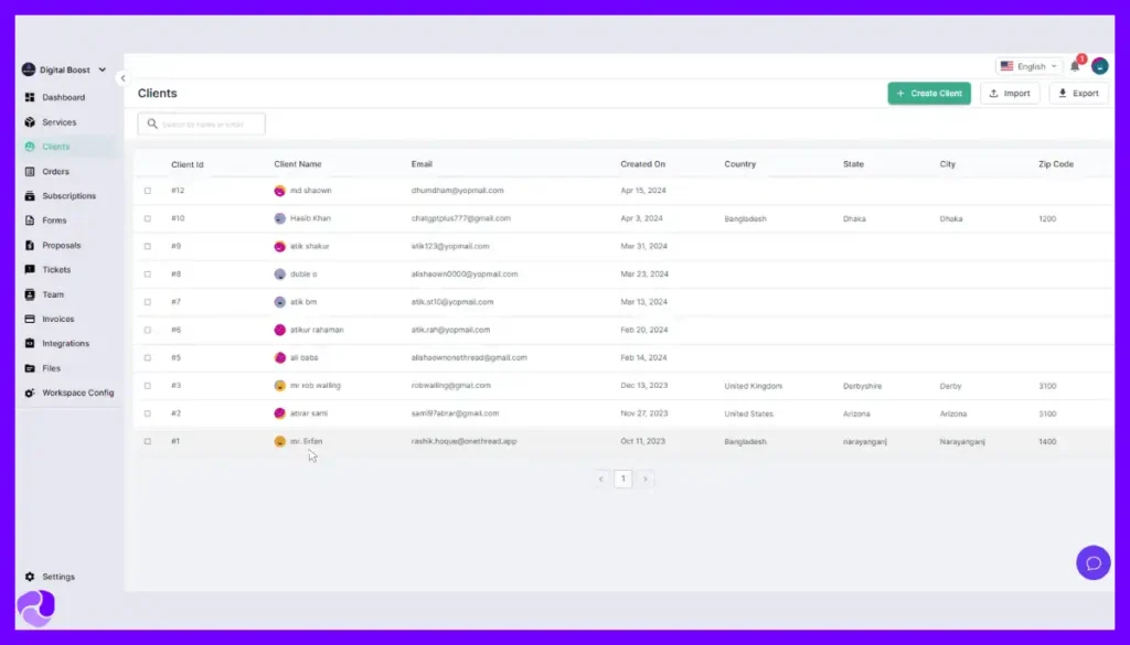 AgencyHandy Client List View