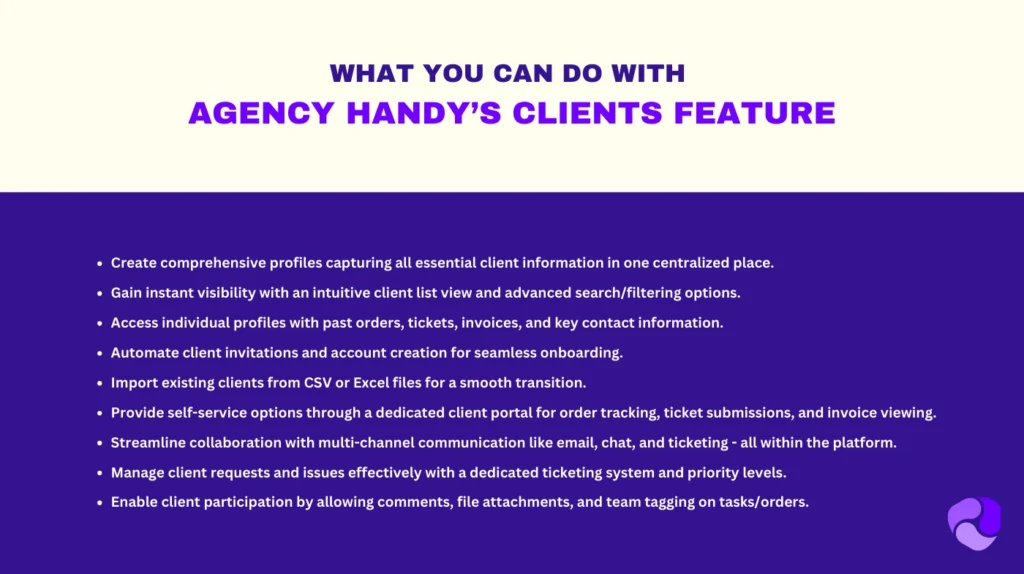 what you can do with Agency Handys Clients feature